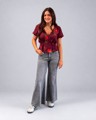 Burgundy Floral Cinched-Waist Top