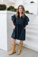 Ruffled Sleeve Pintuck Solid Dress