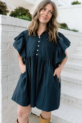 Ruffled Sleeve Pintuck Solid Dress