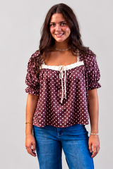 Polka Dot Lace-Trim Babydoll Top