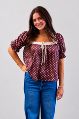 Polka Dot Lace-Trim Babydoll Top