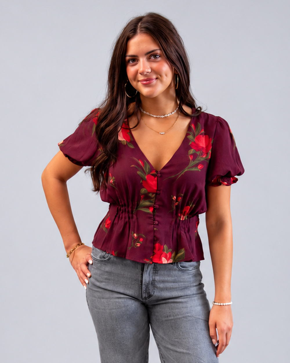 Burgundy Floral Cinched-Waist Top