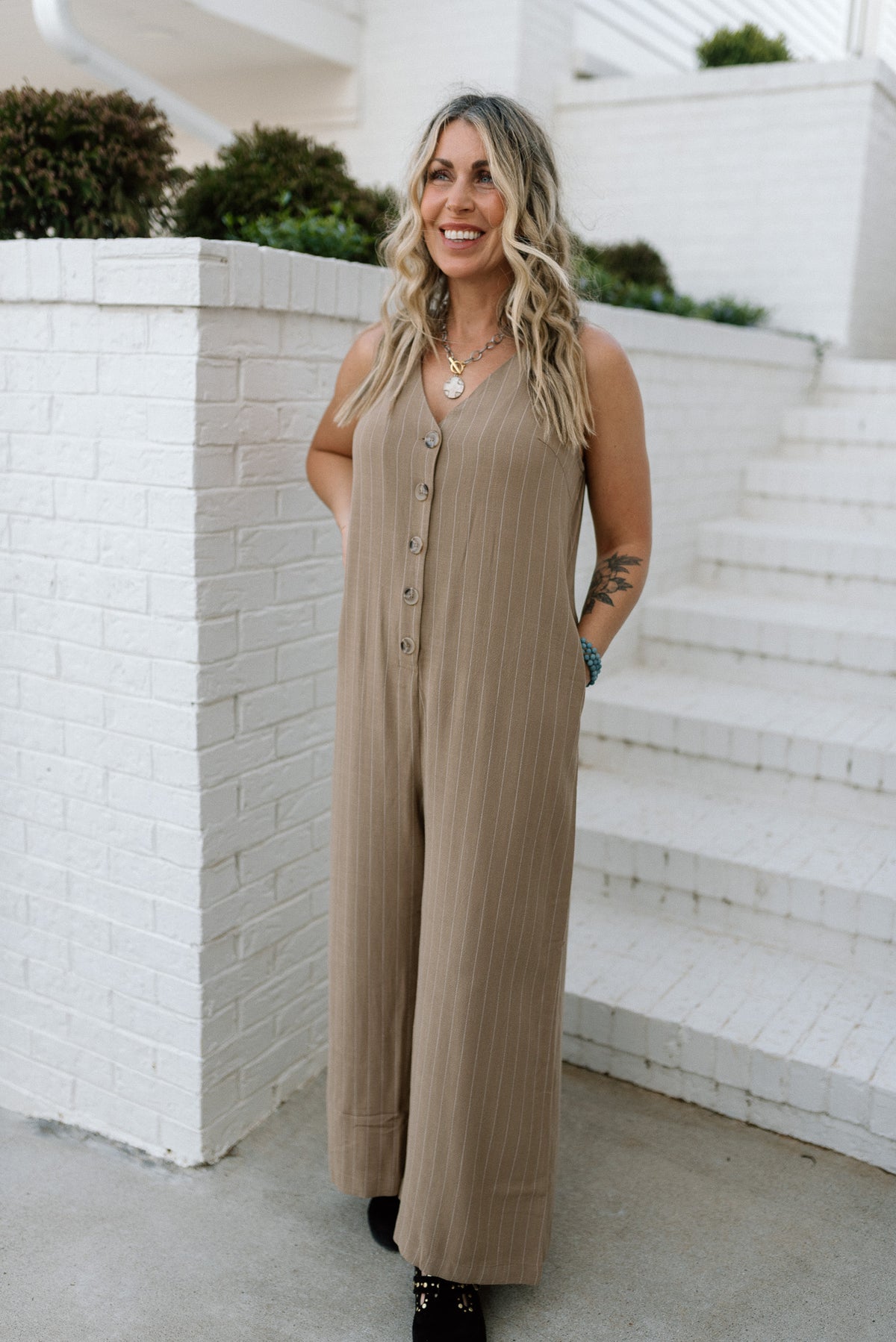 Striped Button Front Jumpsuit
