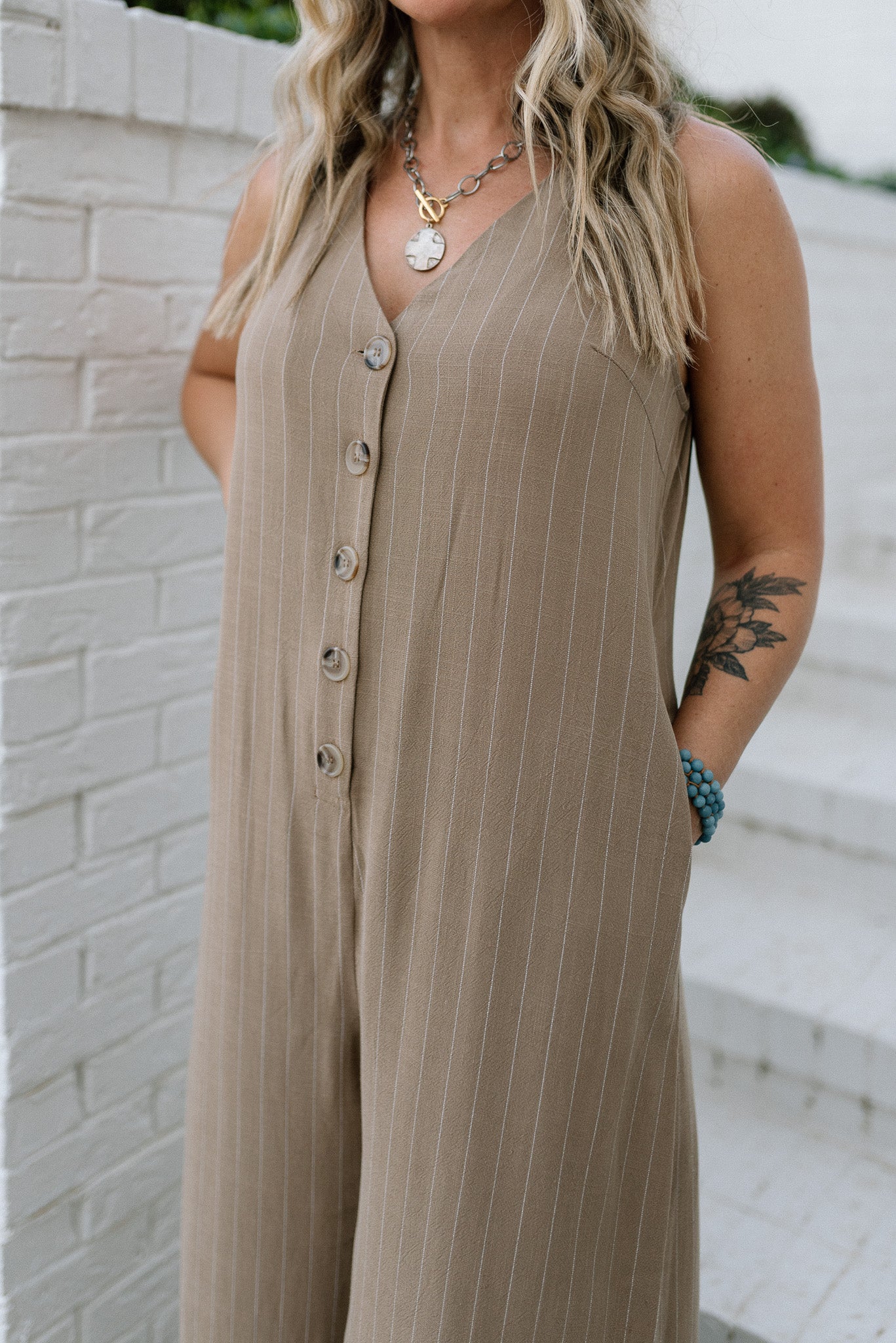 Striped Button Front Jumpsuit