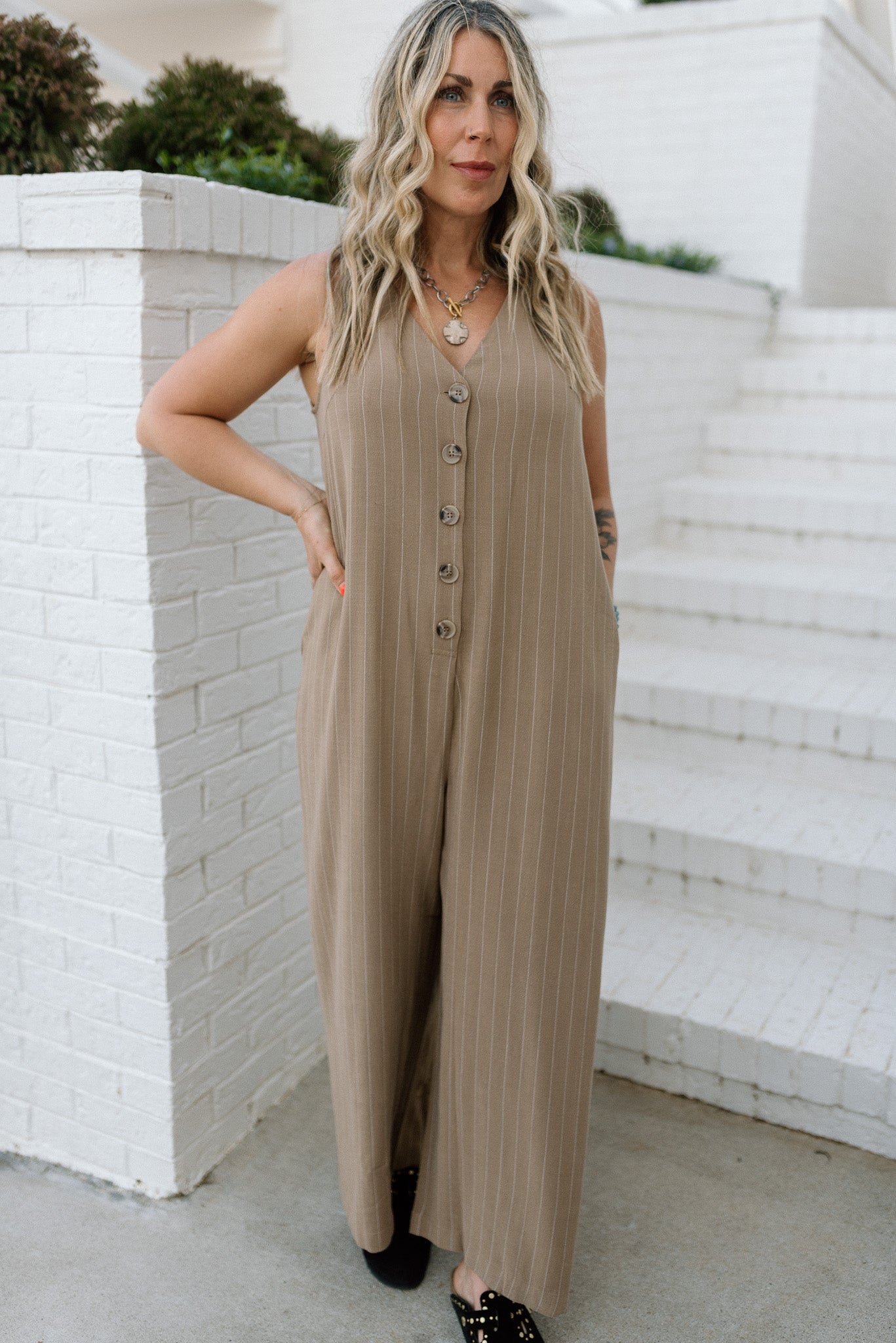 Striped Button Front Jumpsuit
