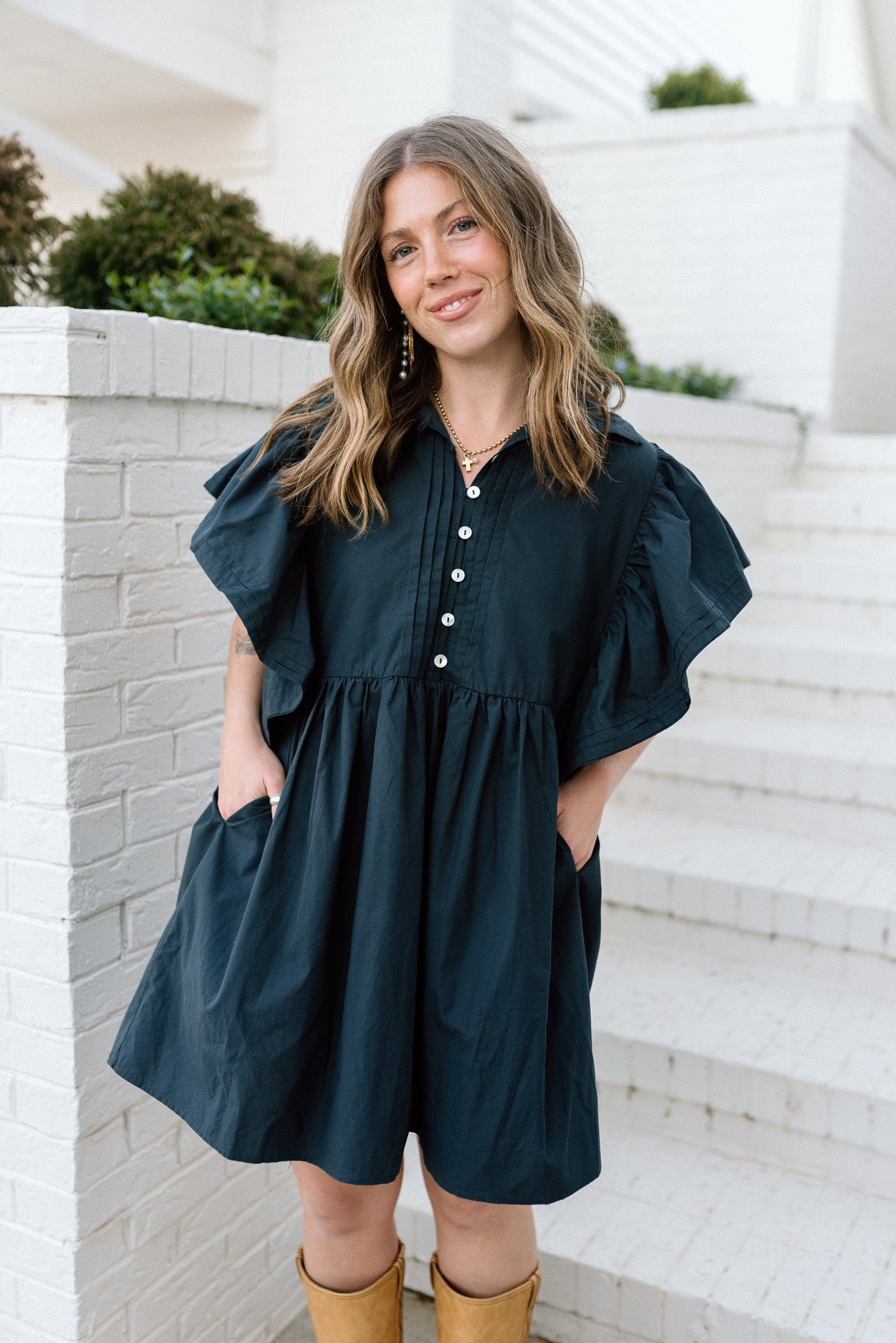 Ruffled Sleeve Pintuck Solid Dress