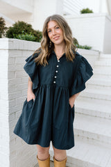 Ruffled Sleeve Pintuck Solid Dress