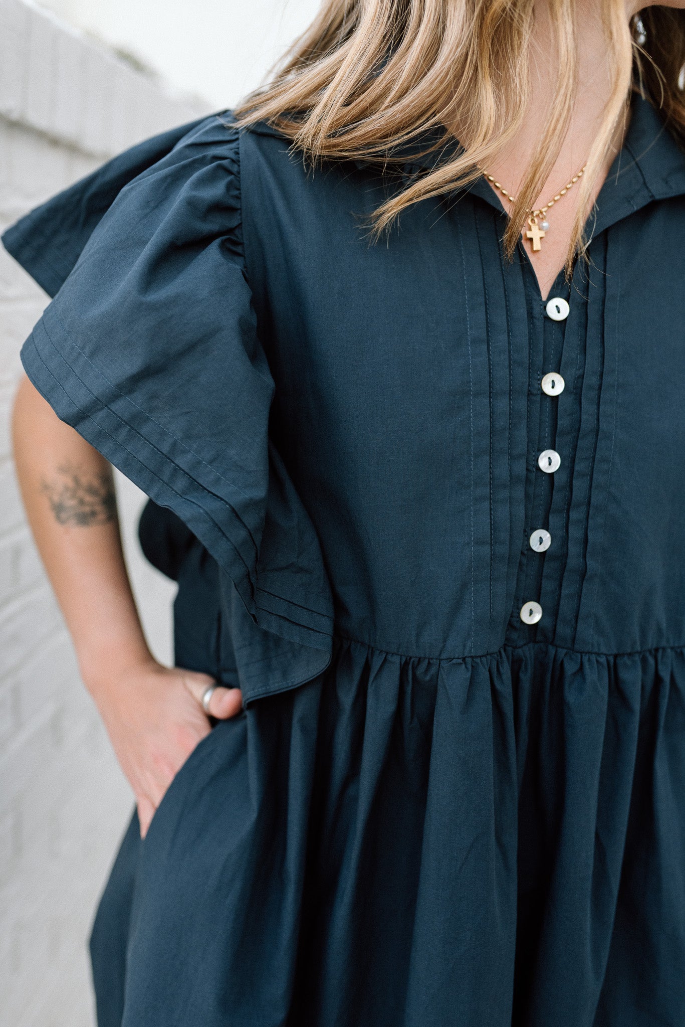 Ruffled Sleeve Pintuck Solid Dress
