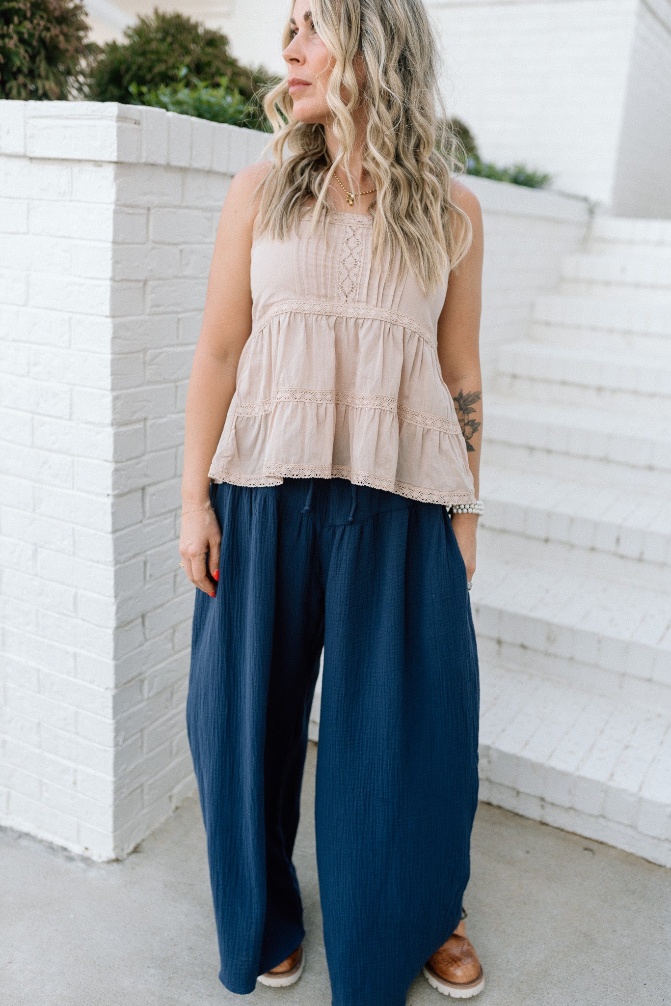 Wide Leg Drape Cotton Gauze Pants