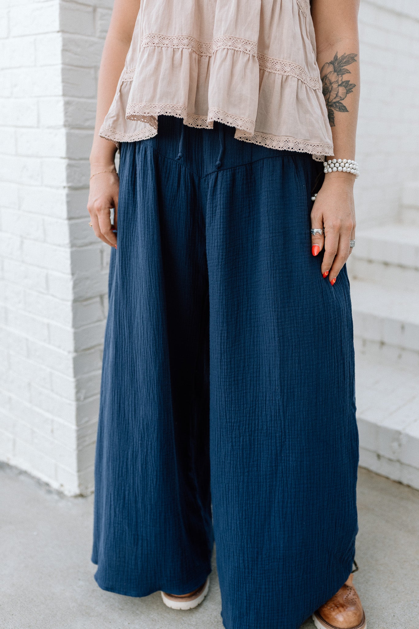 Wide Leg Drape Cotton Gauze Pants