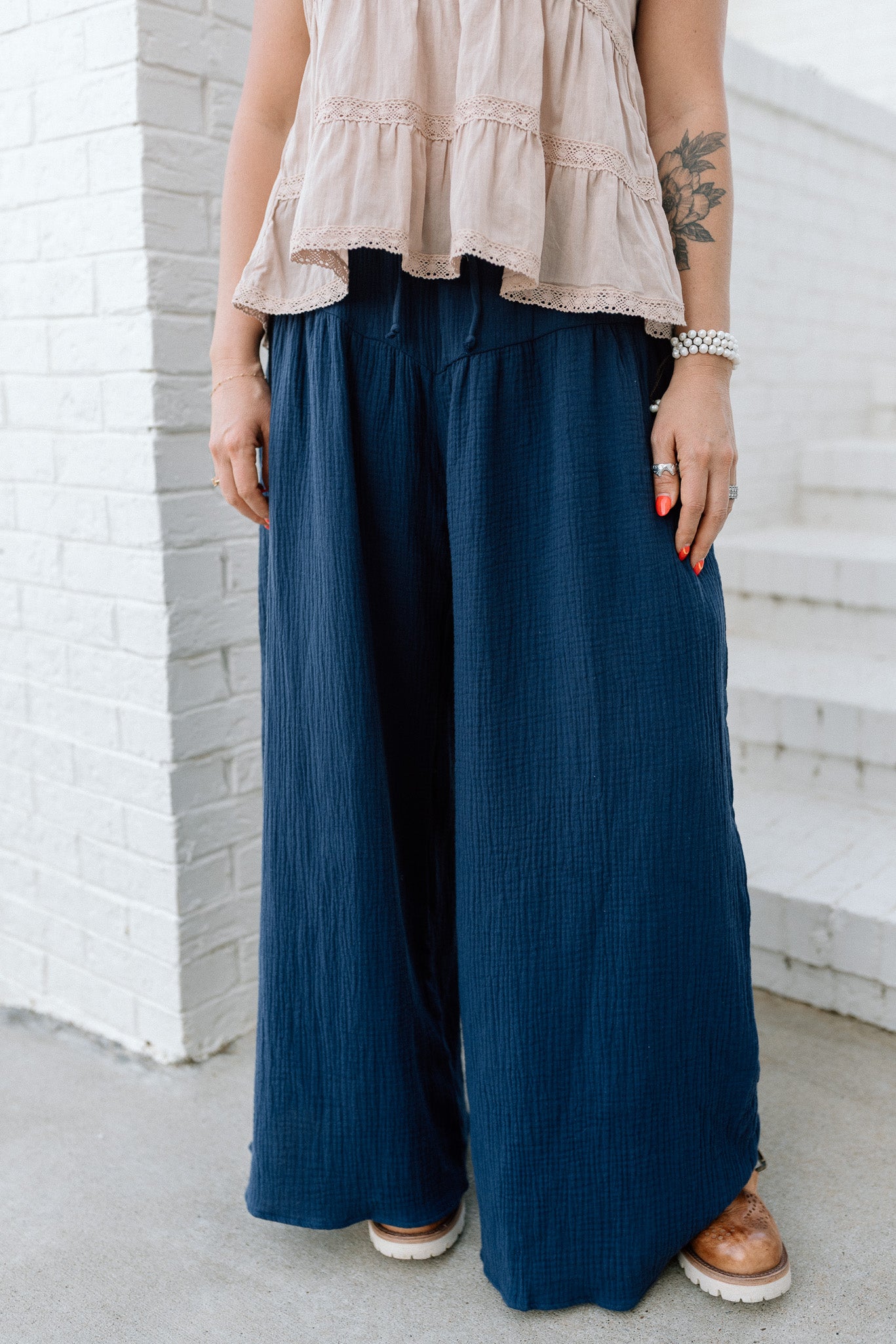 Wide Leg Drape Cotton Gauze Pants