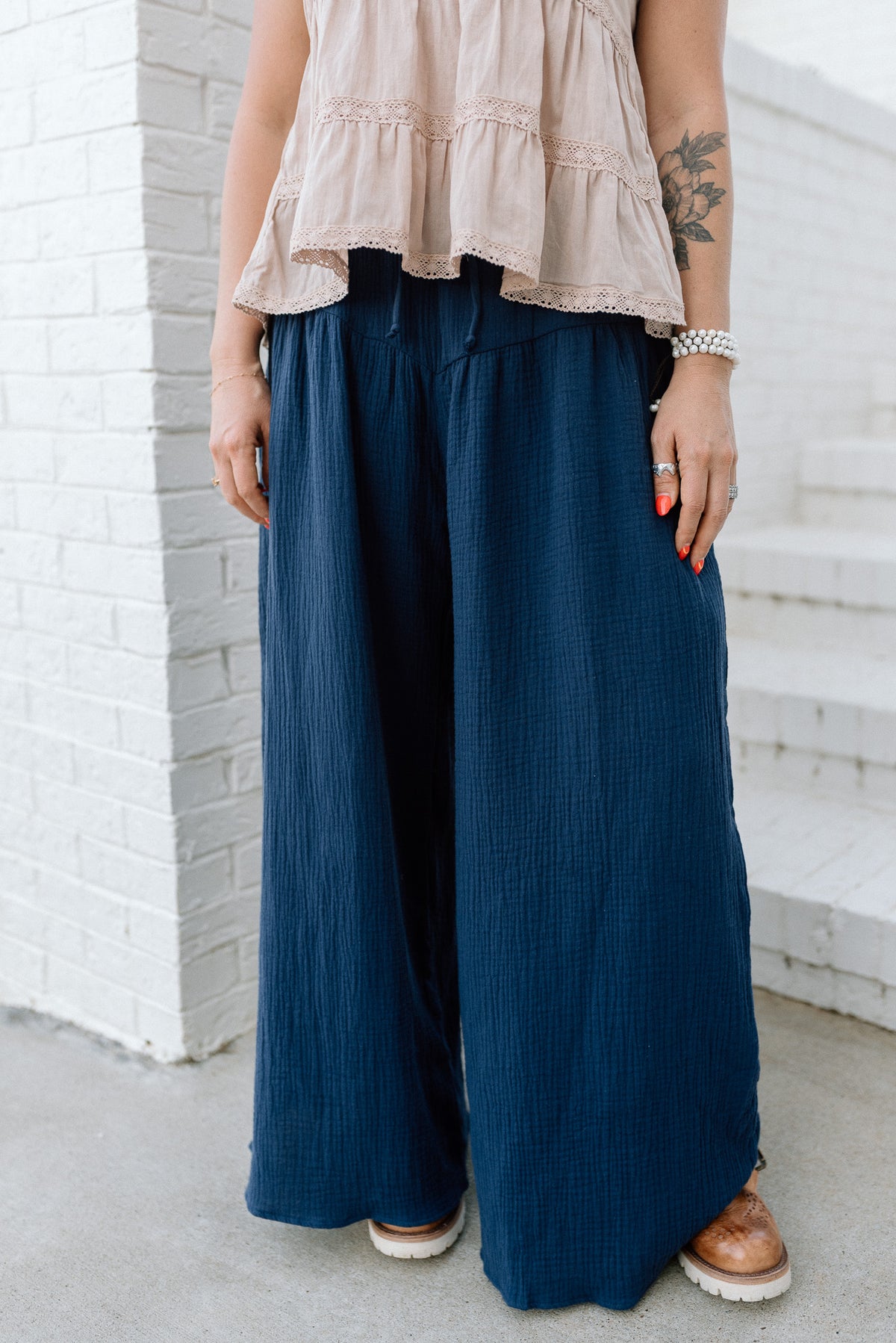 Wide Leg Drape Cotton Gauze Pants