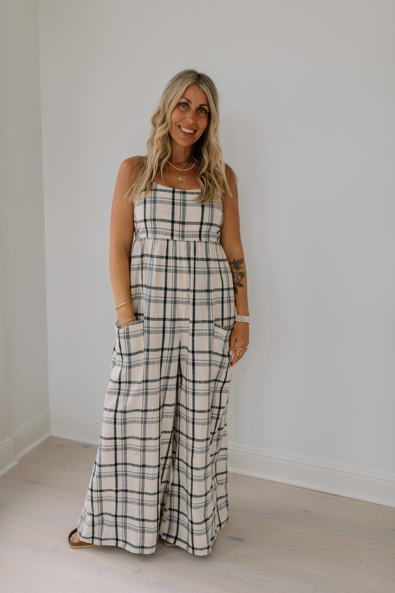 Checker Smocked Back Cami Jumpsuit
