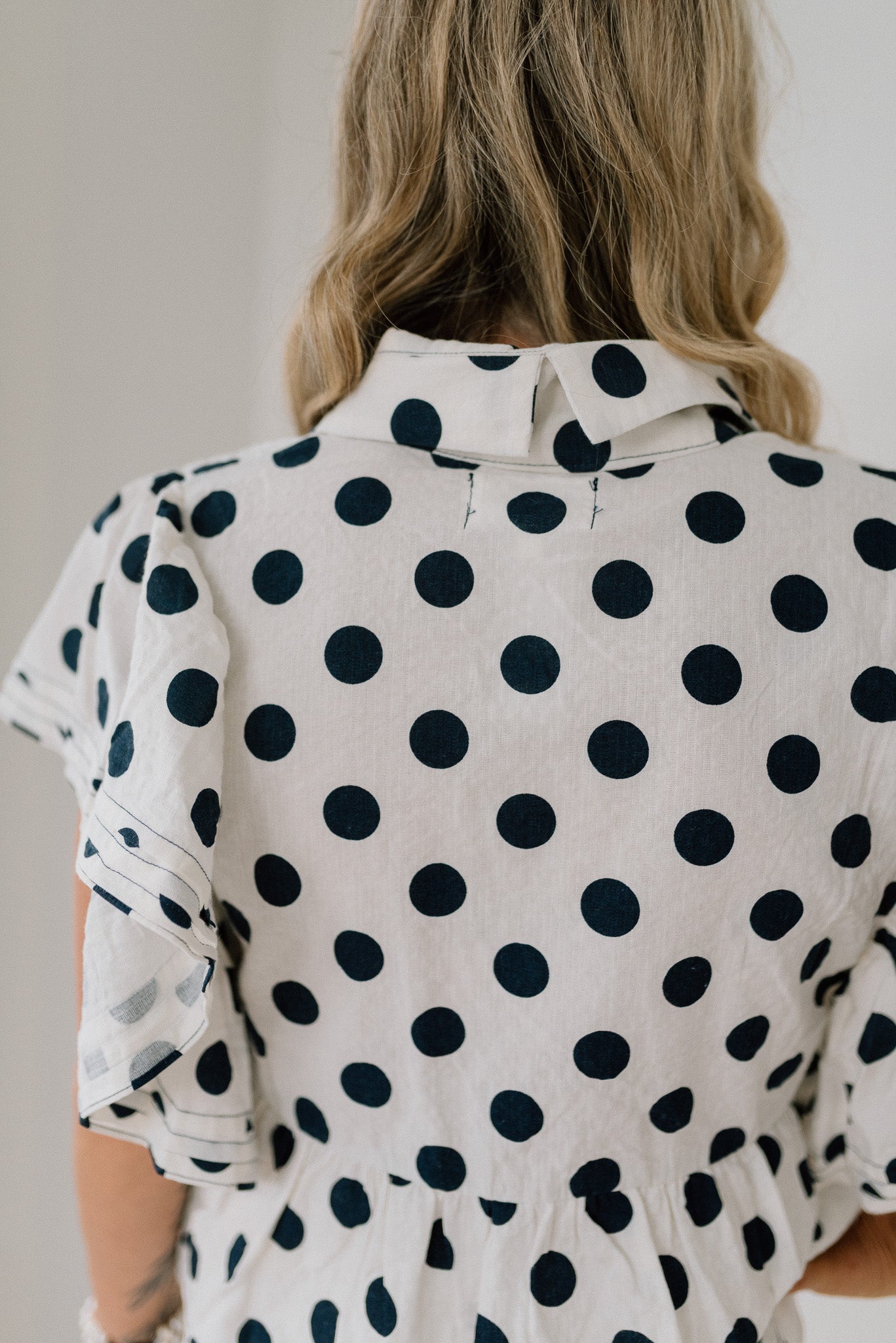 Ruffled Sleeves Pintuck Polka Dot Top