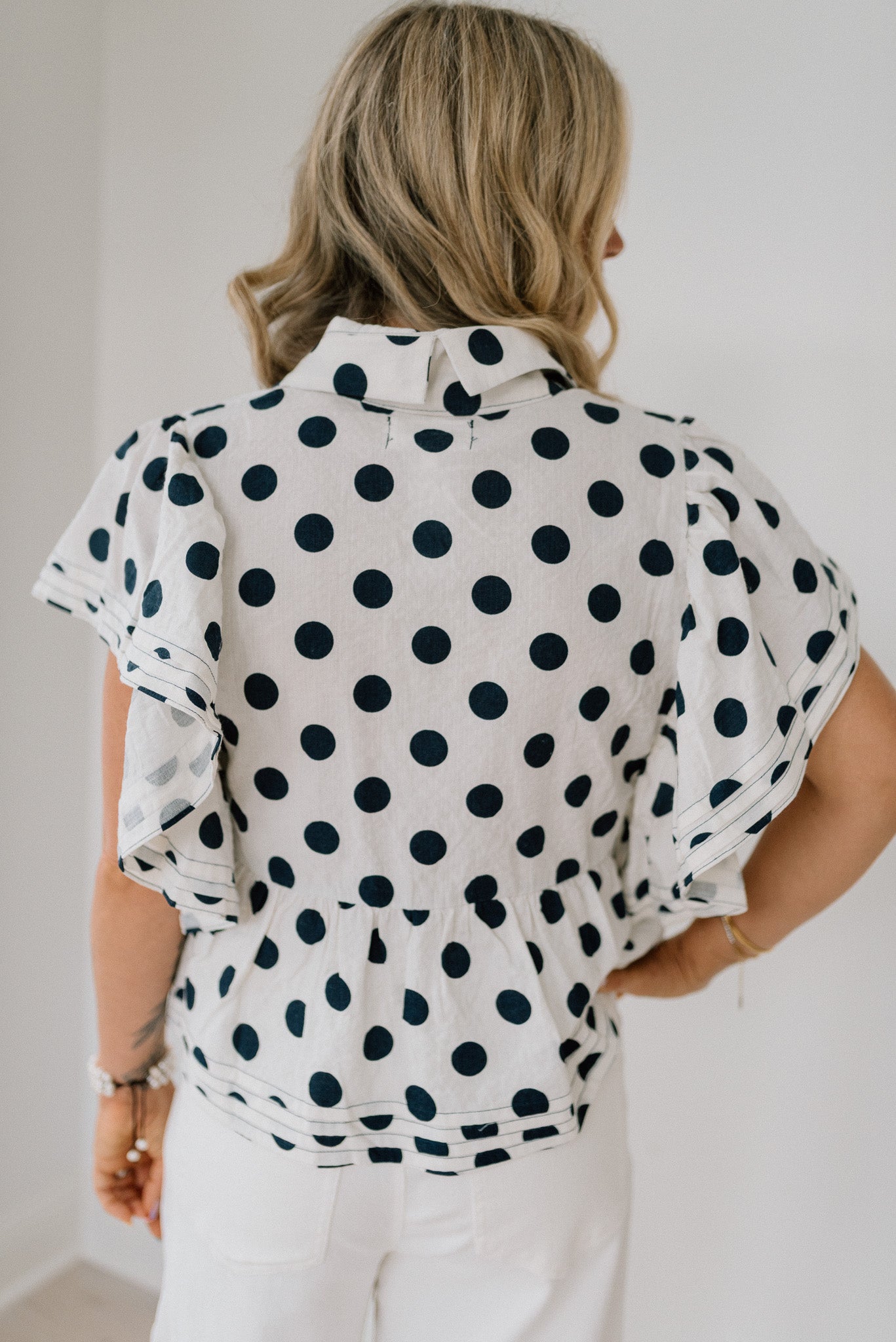 Ruffled Sleeves Pintuck Polka Dot Top
