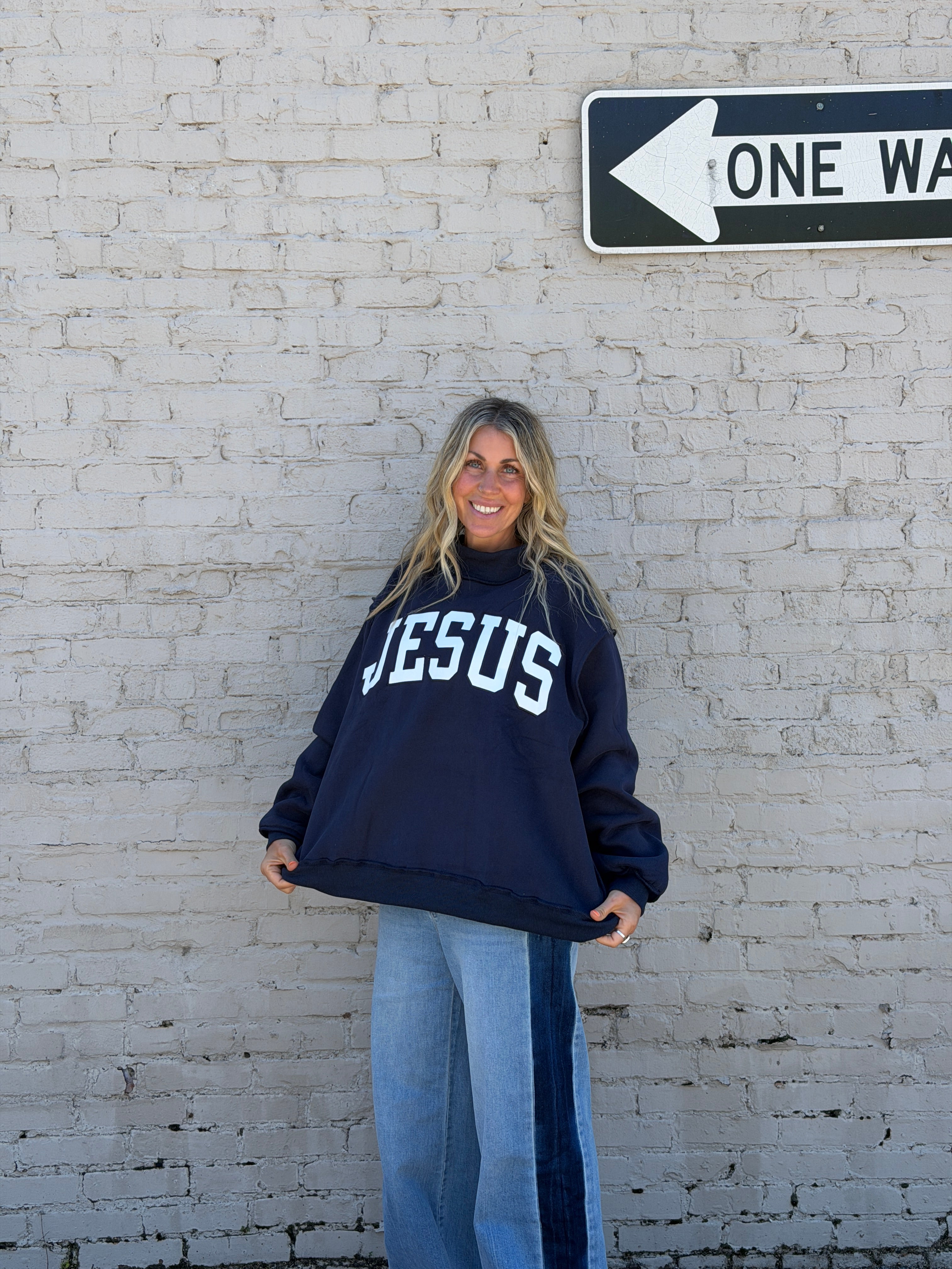 'Jesus' Embroidered Mock Neck Sweatshirt