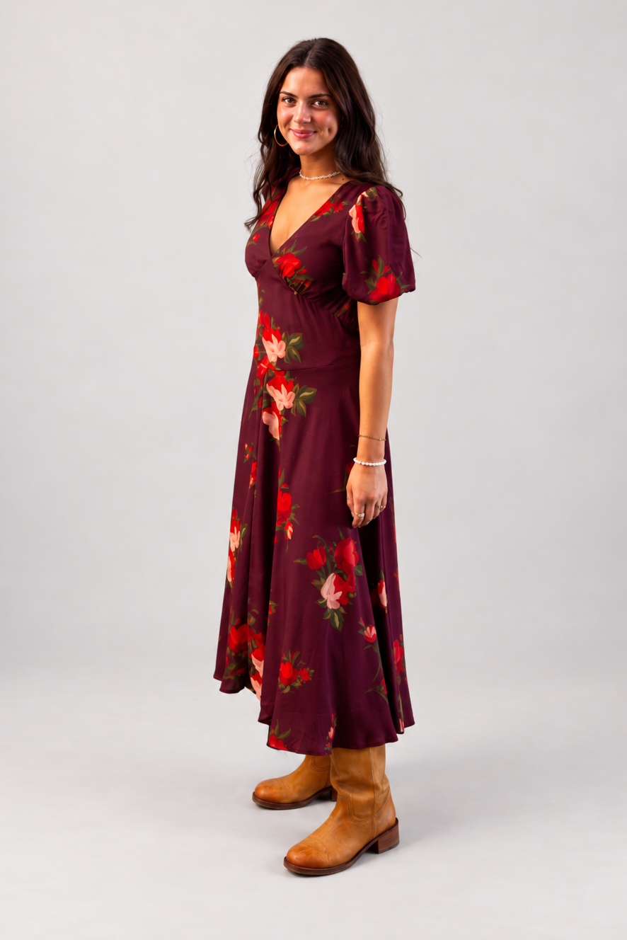 Burgundy Floral Midi Dress