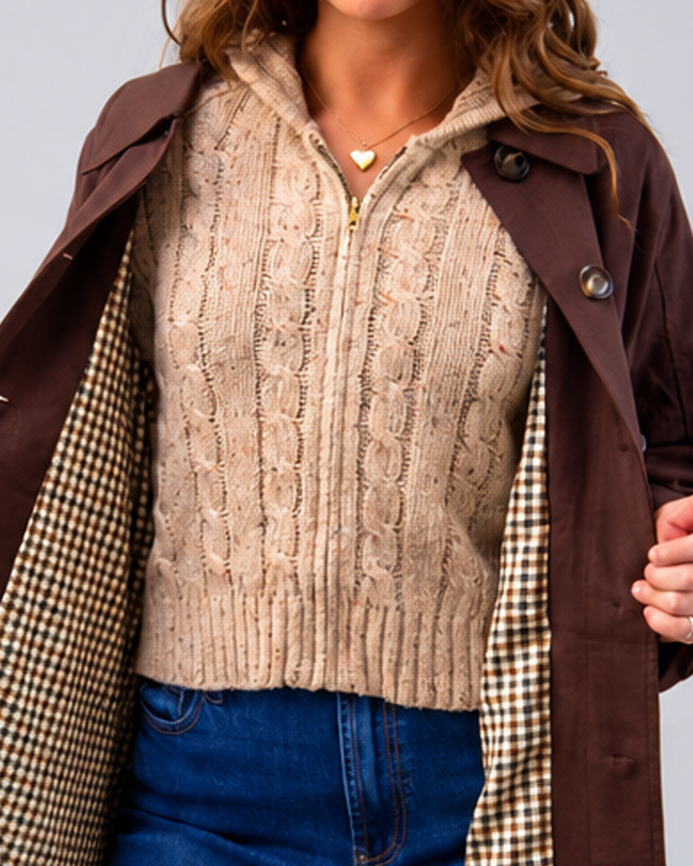 Taupe Cable Knit Zip Cardigan