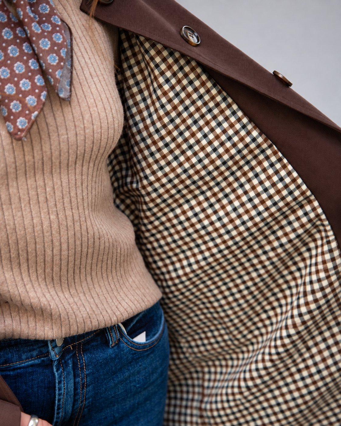 Chocolate Checkered-Lined Trench Coat